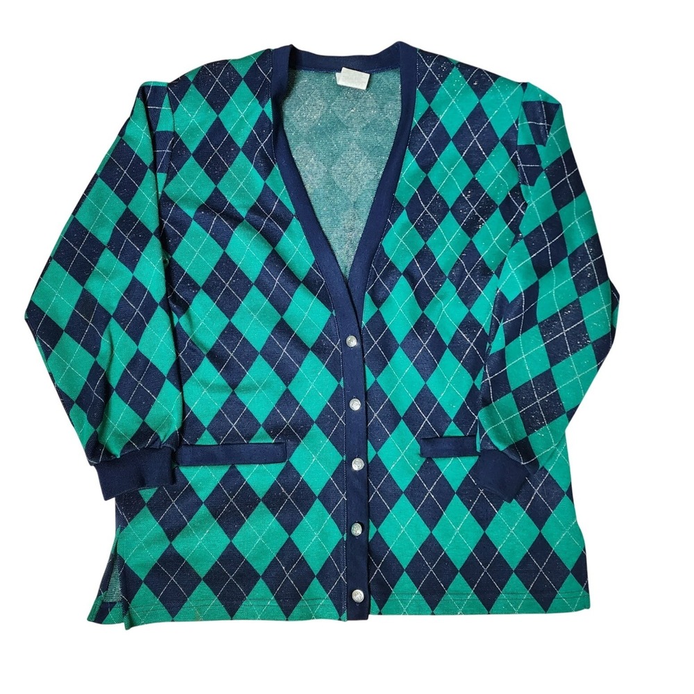 Vintage Koret Cardigan Sweater L Green Blue‎ Argyle Diamond Preppy Academia USA